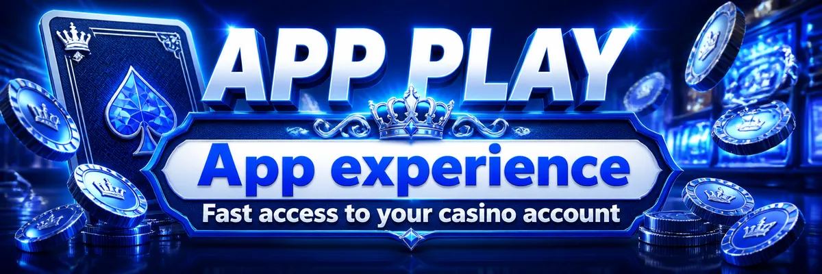 Blue and white casino app banner with a crowned emblem, floating coins and reflective card-like gaming graphics