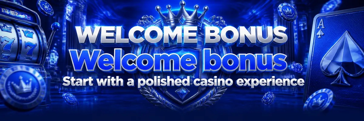 Blue and white casino banner with floating coins, a crowned emblem and reflective gaming-machine details