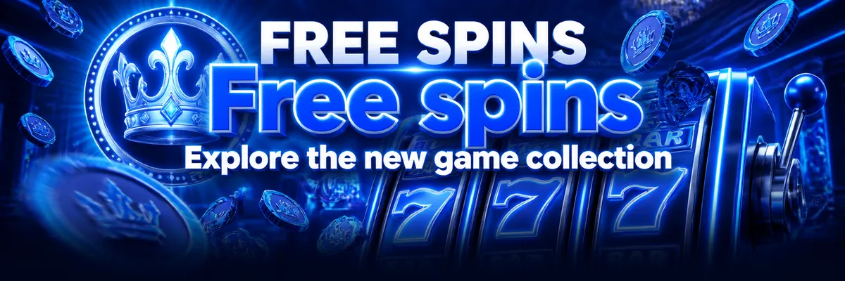 Blue and white slots banner showing floating coins, a crowned emblem and a large cropped slot graphic